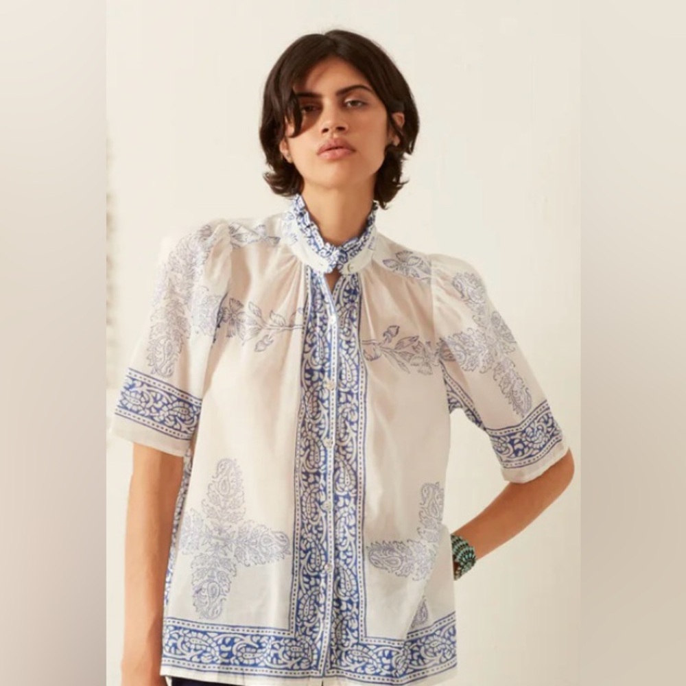 Alix of Bohemia White Cotton Blouse with Blue Floral Trim - Picture 3 of 8